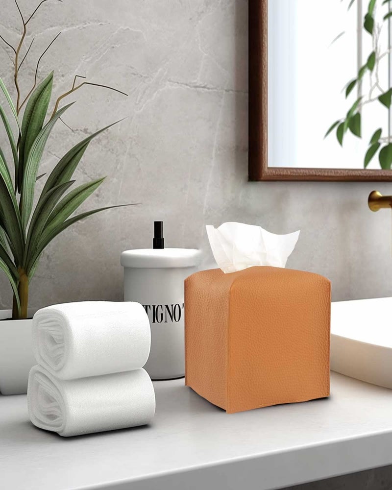 JESMINI Tissue Box Holder Tissue Cover - Square Faux Leather Tissue Box Cover with Bottom Belt [JESMINI  Camel Brown] Tissues Cube Box Cover for Bathroom/Night Stands/Office - Image 4